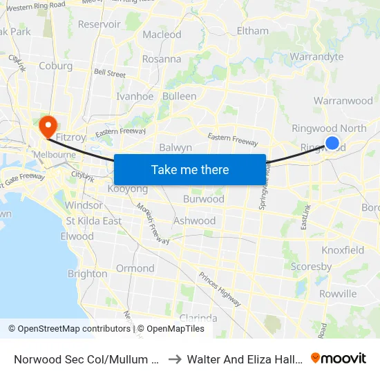 Norwood Sec Col/Mullum Mullum Rd to Walter And Eliza Hall Institute map