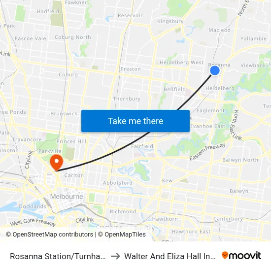 Rosanna Station/Turnham Ave to Walter And Eliza Hall Institute map