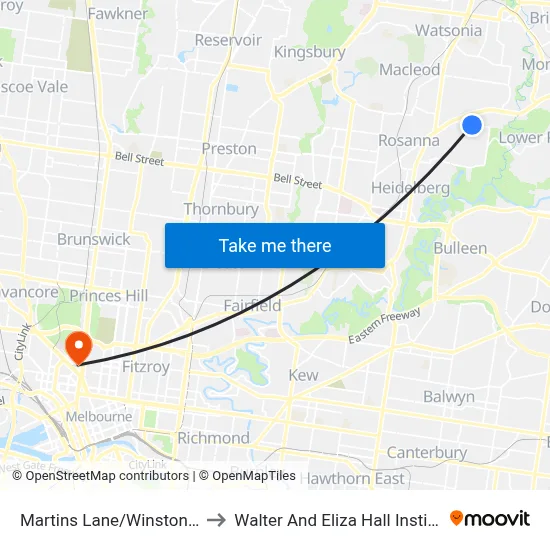Martins Lane/Winston Rd to Walter And Eliza Hall Institute map