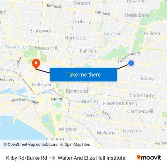 Kilby Rd/Burke Rd to Walter And Eliza Hall Institute map
