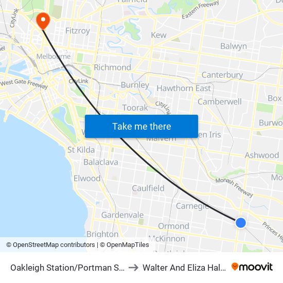 Oakleigh Station/Portman St (Oakleigh) to Walter And Eliza Hall Institute map