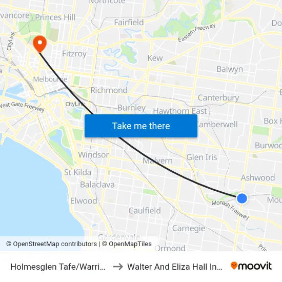 Holmesglen Tafe/Warrigal Rd to Walter And Eliza Hall Institute map