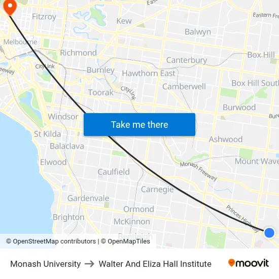 Monash University to Walter And Eliza Hall Institute map