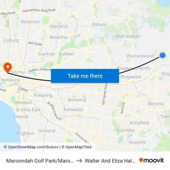 Maroondah Golf Park/Maroondah Hwy to Walter And Eliza Hall Institute map