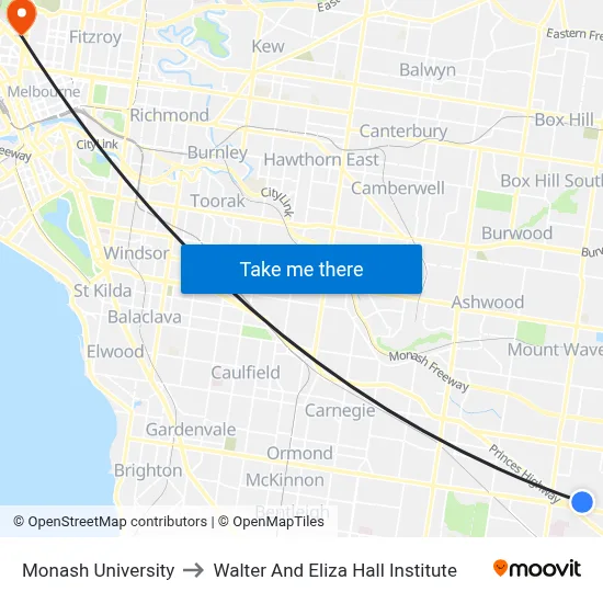 Monash University to Walter And Eliza Hall Institute map