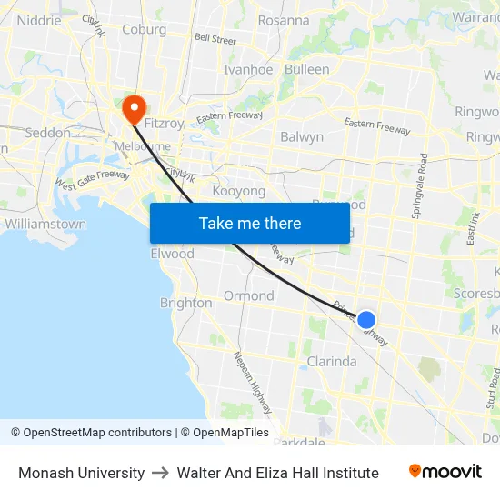 Monash University to Walter And Eliza Hall Institute map