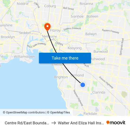 Centre Rd/East Boundary Rd to Walter And Eliza Hall Institute map