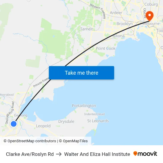 Clarke Ave/Roslyn Rd to Walter And Eliza Hall Institute map