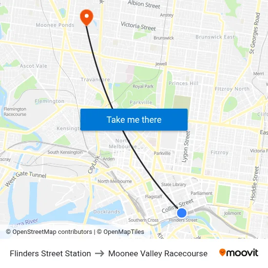 Flinders Street Station to Moonee Valley Racecourse map