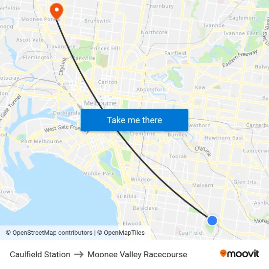 Caulfield Station to Moonee Valley Racecourse map