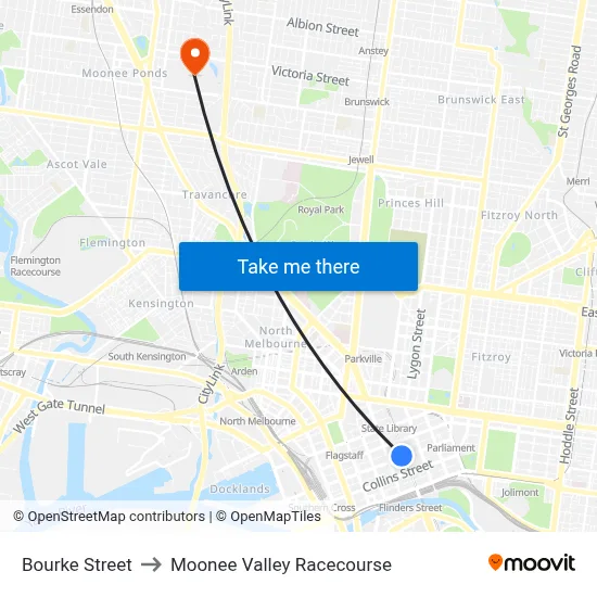 Bourke Street to Moonee Valley Racecourse map