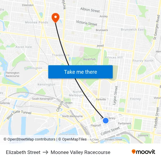 Elizabeth Street to Moonee Valley Racecourse map