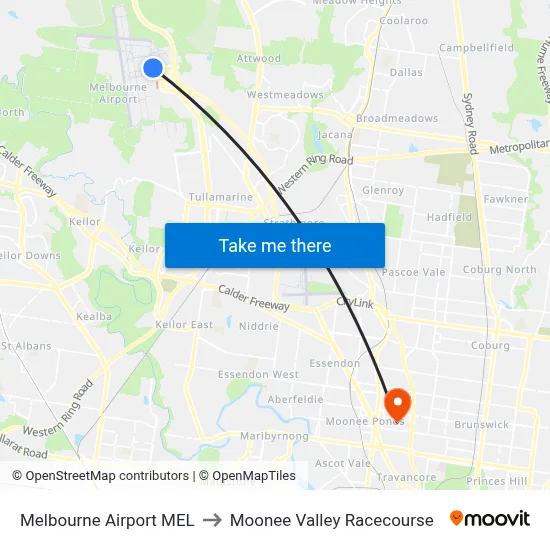 Melbourne Airport MEL to Moonee Valley Racecourse map