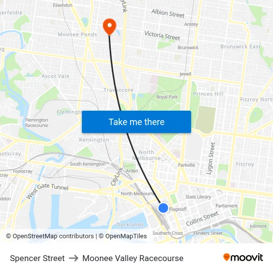 Spencer Street to Moonee Valley Racecourse map