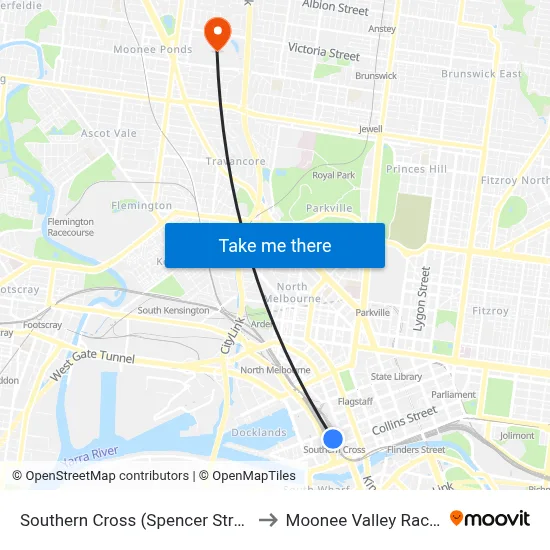 Southern Cross (Spencer Street) Station to Moonee Valley Racecourse map