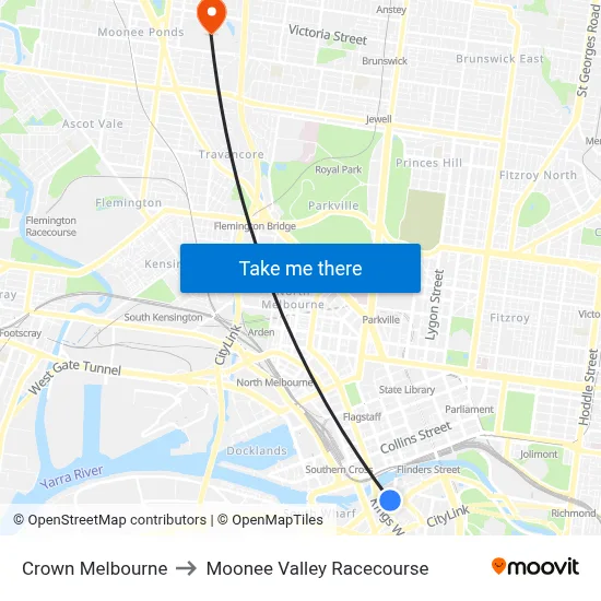 Crown Melbourne to Moonee Valley Racecourse map