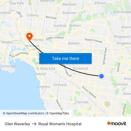 Glen Waverley to Royal Women's Hospital map