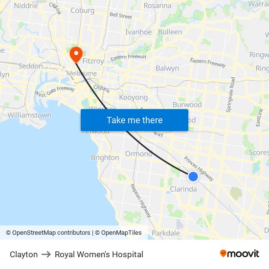 Clayton to Royal Women's Hospital map