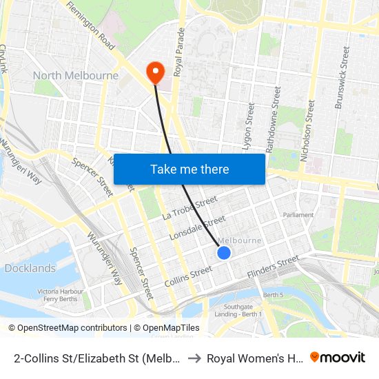 2-Collins St/Elizabeth St (Melbourne City) to Royal Women's Hospital map