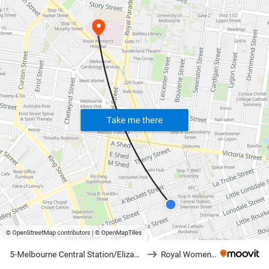 5-Melbourne Central Station/Elizabeth St (Melbourne City) to Royal Women's Hospital map