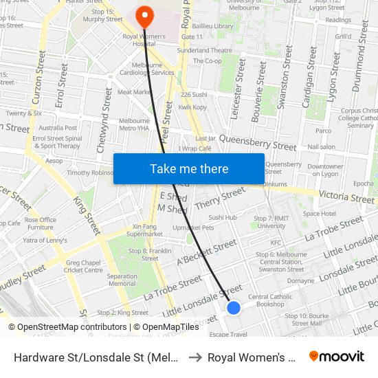 Hardware St/Lonsdale St (Melbourne City) to Royal Women's Hospital map