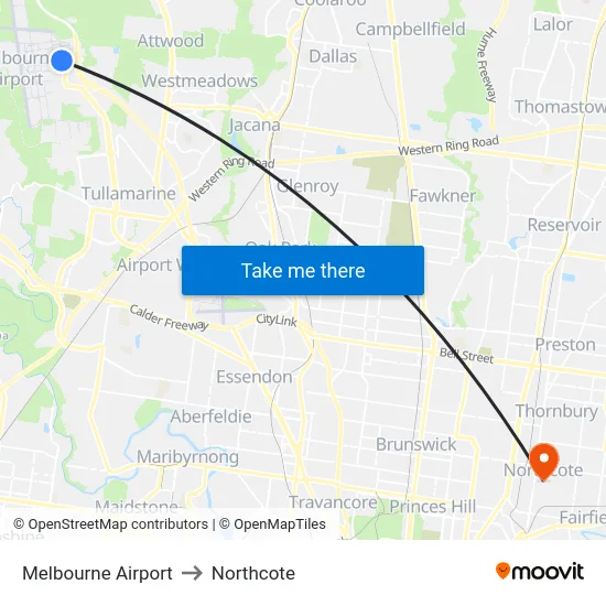 Melbourne Airport to Northcote map
