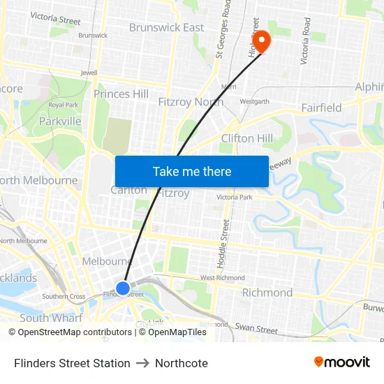 Flinders Street Station to Northcote map