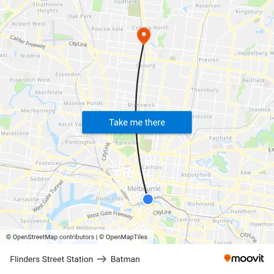 Flinders Street Station to Batman map