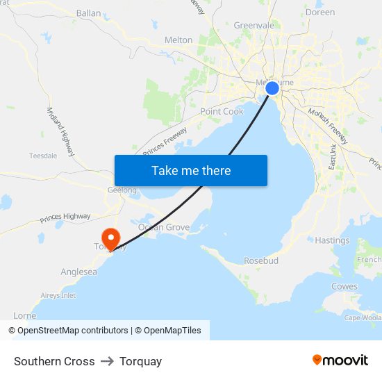 Southern Cross to Torquay map