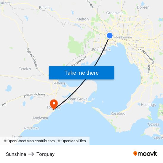 Sunshine to Torquay map