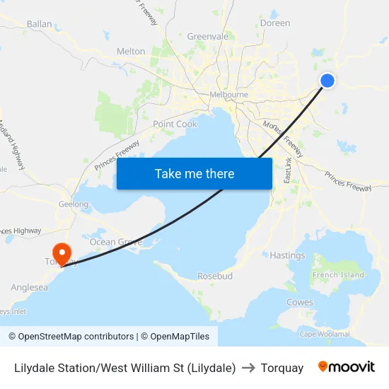 Lilydale Station/West William St to Torquay map