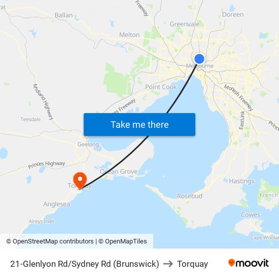 21-Glenlyon Rd/Sydney Rd (Brunswick) to Torquay map
