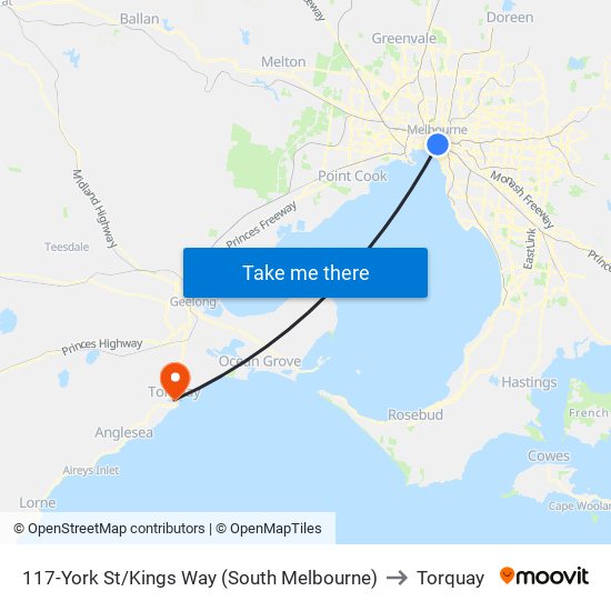 117-York St/Kings Way (South Melbourne) to Torquay map