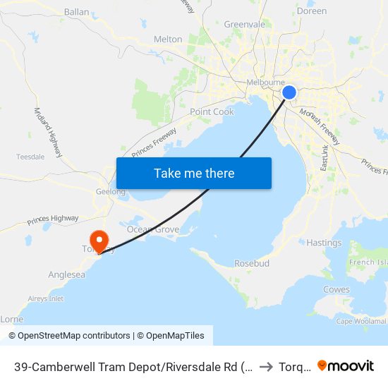 39-Camberwell Tram Depot/Riversdale Rd (Hawthorn East) to Torquay map