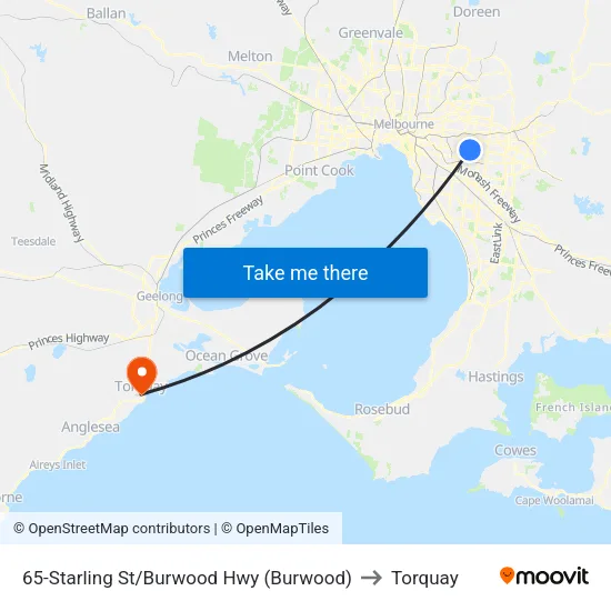 Starling St/Burwood Hwy #65 to Torquay map