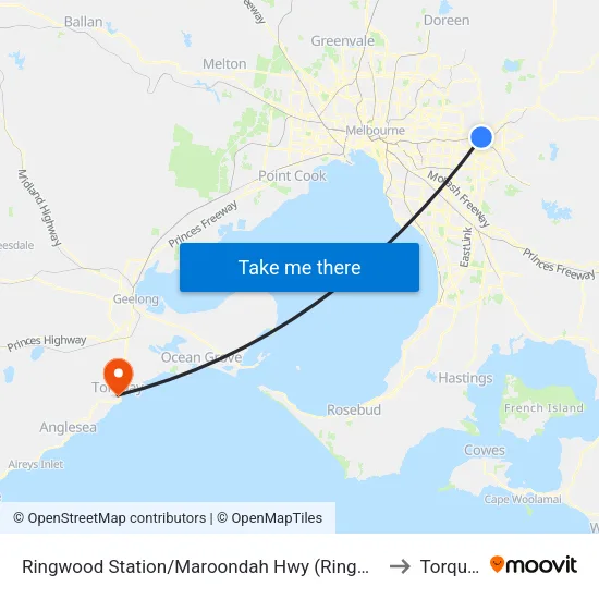 Ringwood Station/Maroondah Hwy to Torquay map