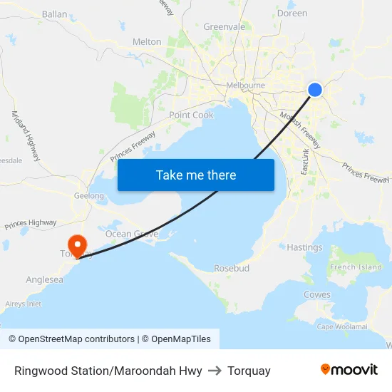 Ringwood Station/Maroondah Hwy to Torquay map