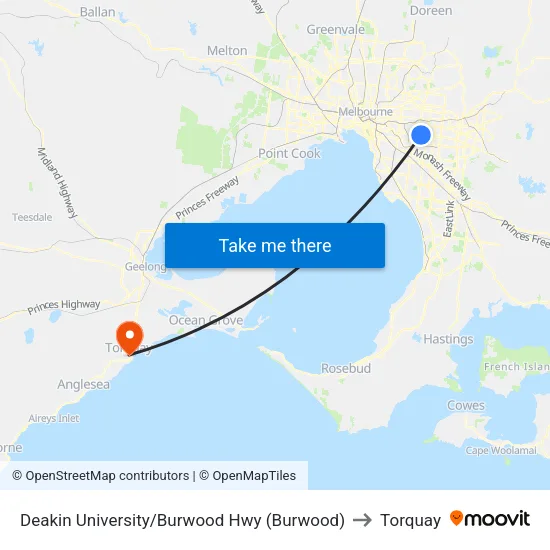 Deakin University/Burwood Hwy to Torquay map