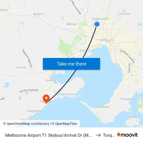 Melbourne Airport T1 Skybus/Arrival Dr to Torquay map