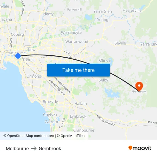 Melbourne to Gembrook map
