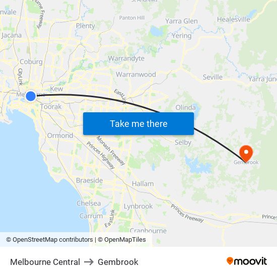 Melbourne Central to Gembrook map