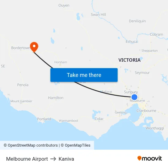 Melbourne Airport to Kaniva map