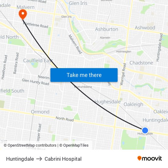 Huntingdale to Cabrini Hospital map