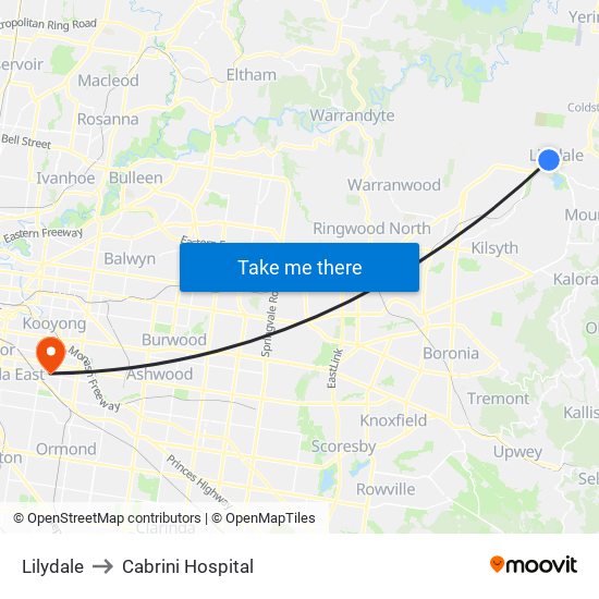 Lilydale to Cabrini Hospital map