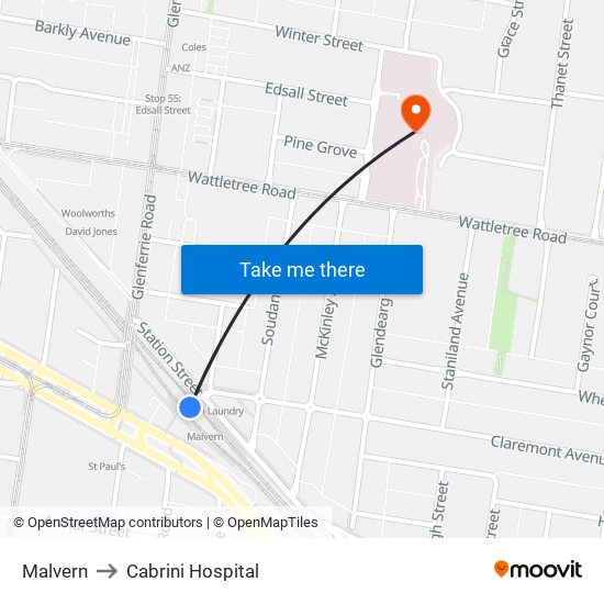 Malvern to Cabrini Hospital map