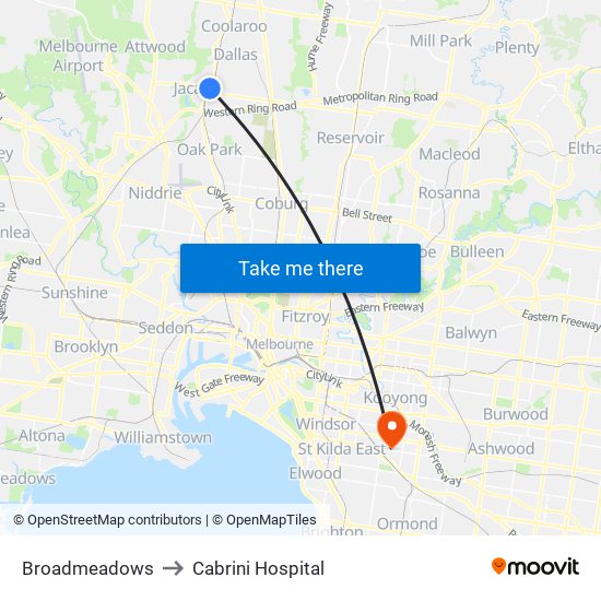 Broadmeadows to Cabrini Hospital map