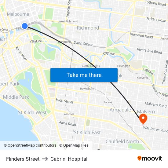 Flinders Street to Cabrini Hospital map