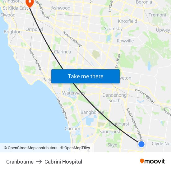 Cranbourne to Cabrini Hospital map