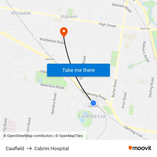 Caulfield to Cabrini Hospital map