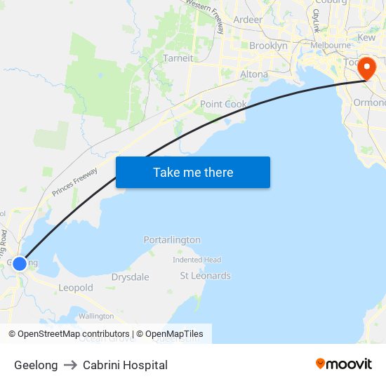 Geelong to Cabrini Hospital map